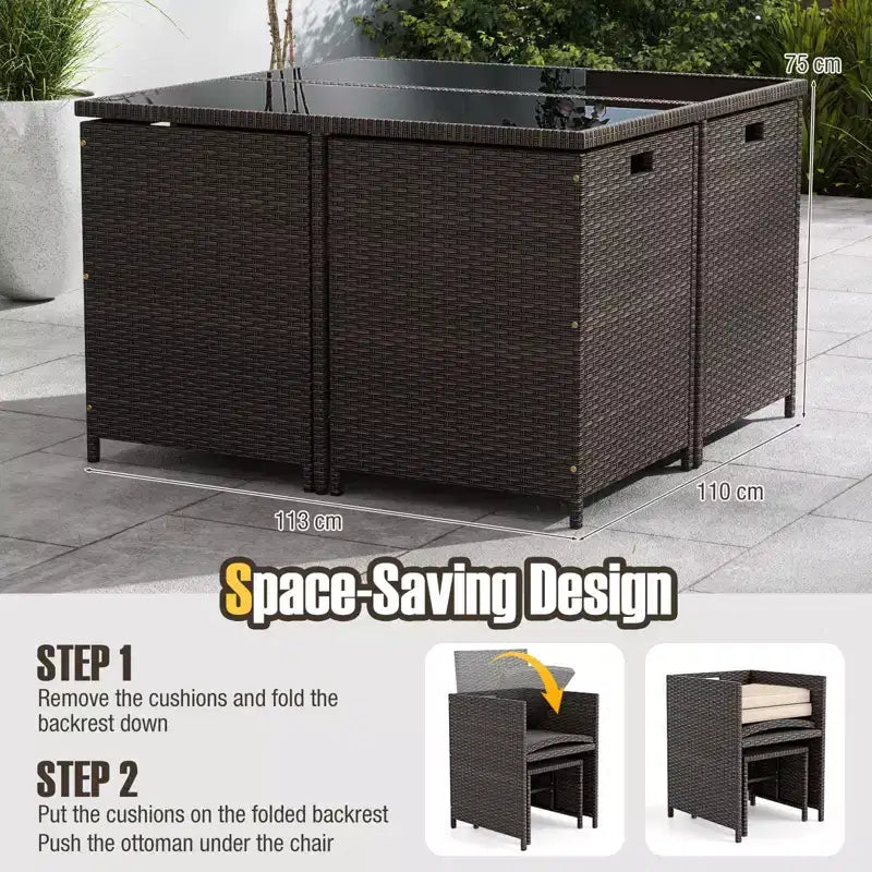 Costway Set da Pranzo per Esterni 9 Pezzi con Tavolo in Vetro Temperato e Pouf con Cuscini Rimovibili Bianco Sporco/Beige