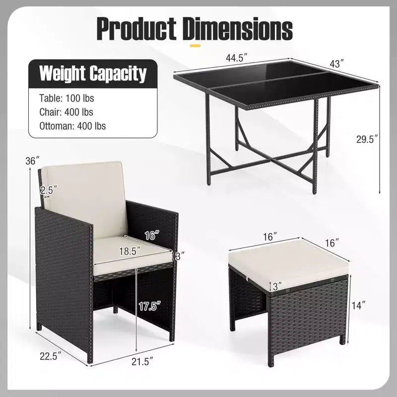 Costway Set da Pranzo per Esterni 9 Pezzi con Tavolo in Vetro Temperato e Pouf con Cuscini Rimovibili Bianco Sporco/Beige