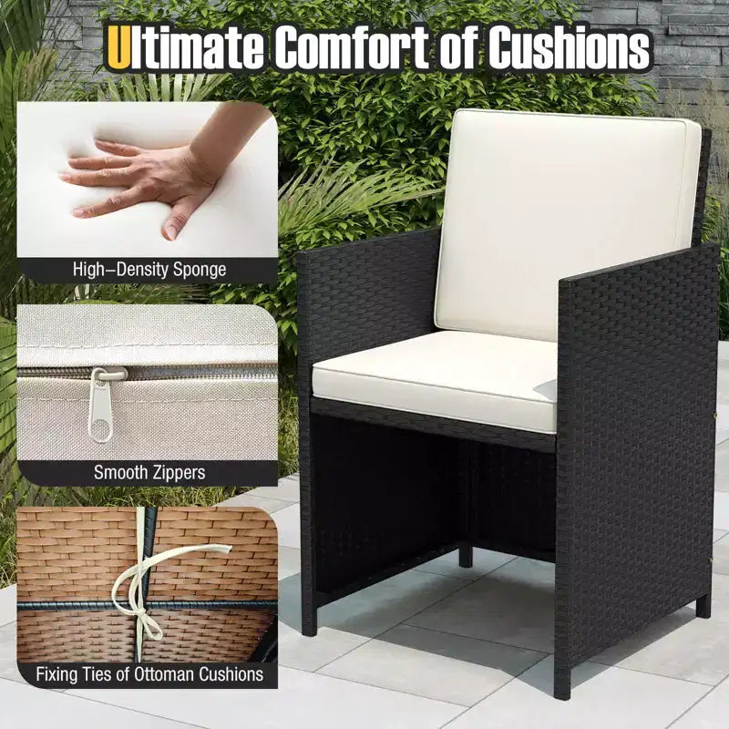 Costway Set da Pranzo per Esterni 9 Pezzi con Tavolo in Vetro Temperato e Pouf con Cuscini Rimovibili Bianco Sporco/Beige