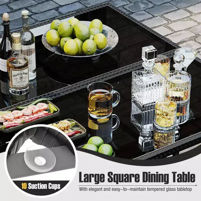 Costway Set da Pranzo per Esterni 9 Pezzi con Tavolo in Vetro Temperato e Pouf con Cuscini Rimovibili Bianco Sporco/Beige