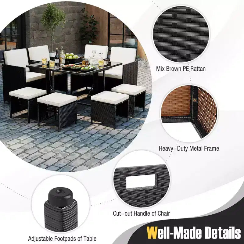 Costway Set da Pranzo per Esterni 9 Pezzi con Tavolo in Vetro Temperato e Pouf con Cuscini Rimovibili Bianco Sporco/Beige