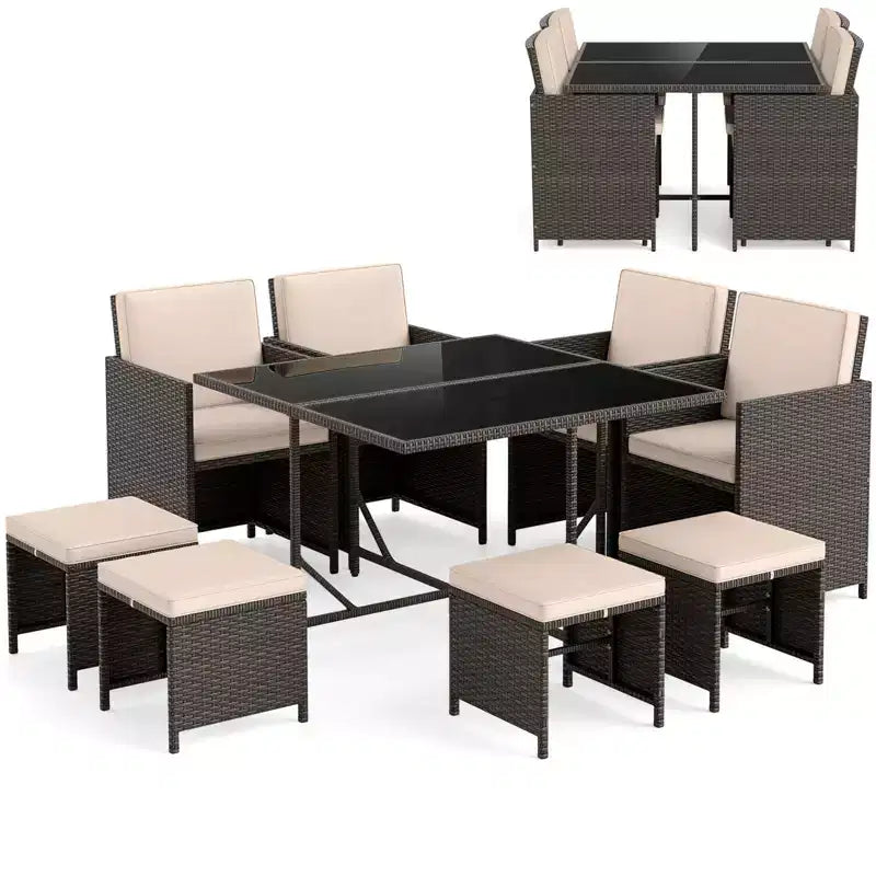 Costway Set da Pranzo per Esterni 9 Pezzi con Tavolo in Vetro Temperato e Pouf con Cuscini Rimovibili Bianco Sporco/Beige