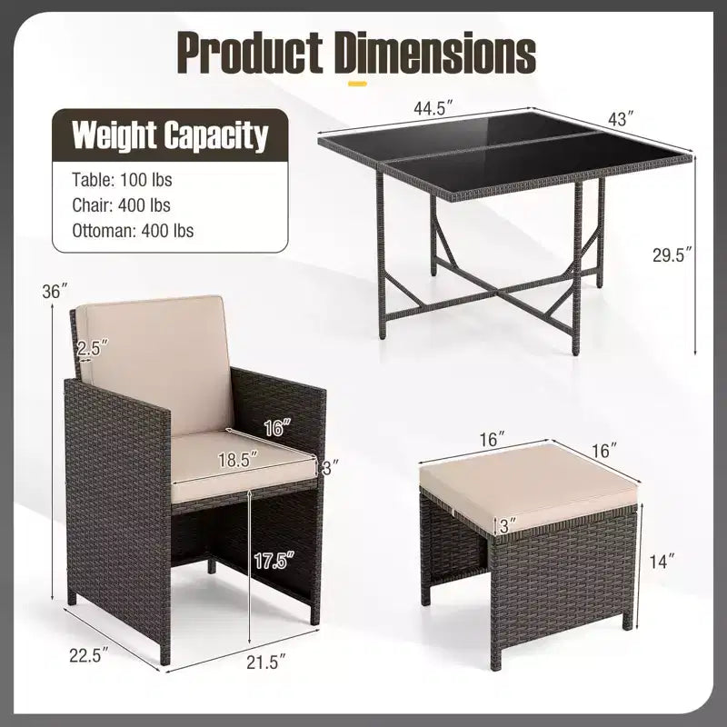 Costway Set da Pranzo per Esterni 9 Pezzi con Tavolo in Vetro Temperato e Pouf con Cuscini Rimovibili Bianco Sporco/Beige