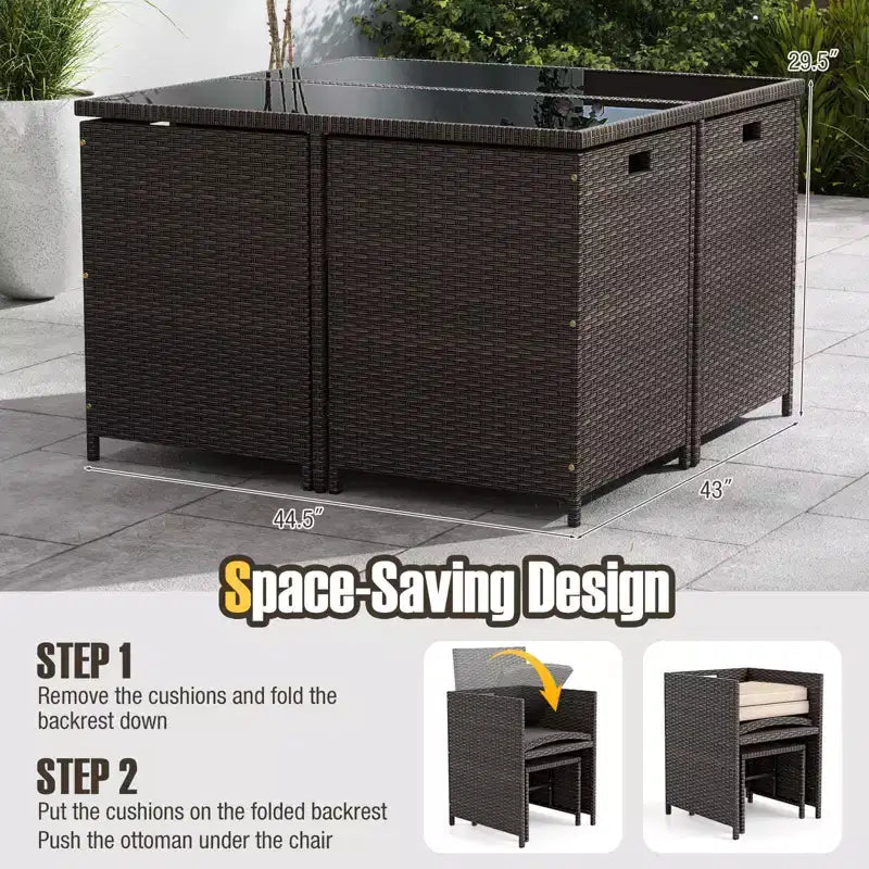 Costway Set da Pranzo per Esterni 9 Pezzi con Tavolo in Vetro Temperato e Pouf con Cuscini Rimovibili Bianco Sporco/Beige
