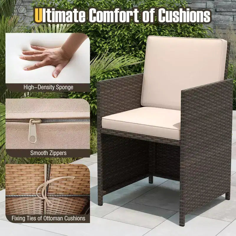 Costway Set da Pranzo per Esterni 9 Pezzi con Tavolo in Vetro Temperato e Pouf con Cuscini Rimovibili Bianco Sporco/Beige