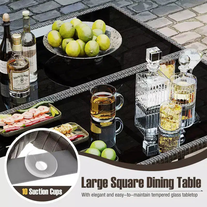 Costway Set da Pranzo per Esterni 9 Pezzi con Tavolo in Vetro Temperato e Pouf con Cuscini Rimovibili Bianco Sporco/Beige