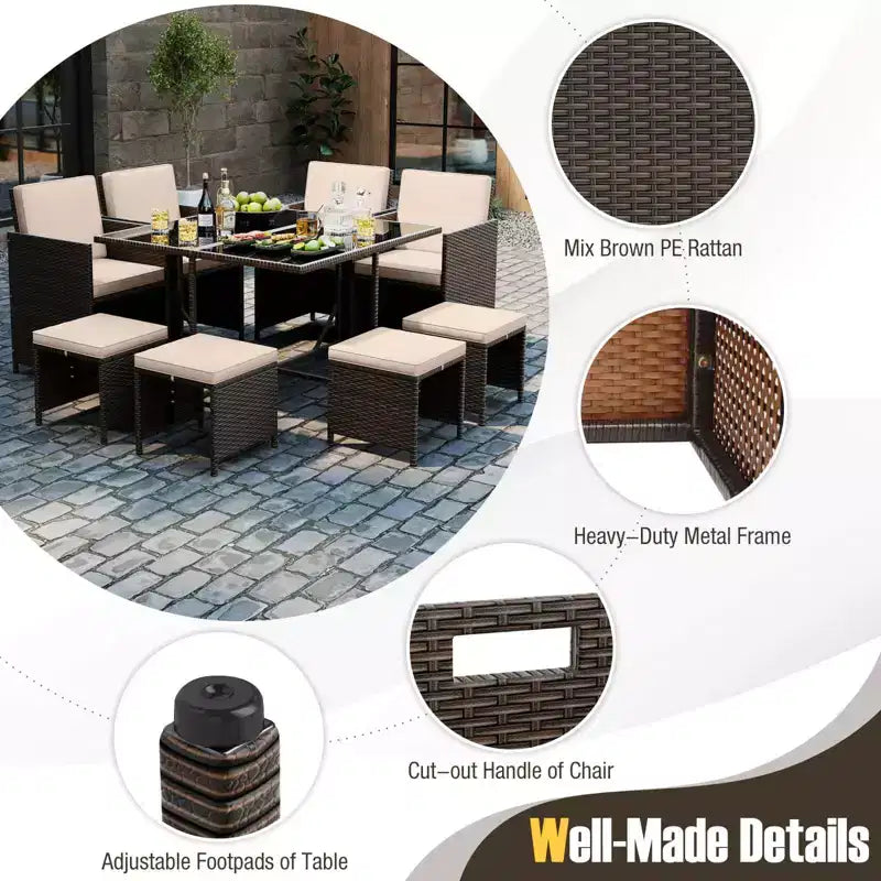 Costway Set da Pranzo per Esterni 9 Pezzi con Tavolo in Vetro Temperato e Pouf con Cuscini Rimovibili Bianco Sporco/Beige