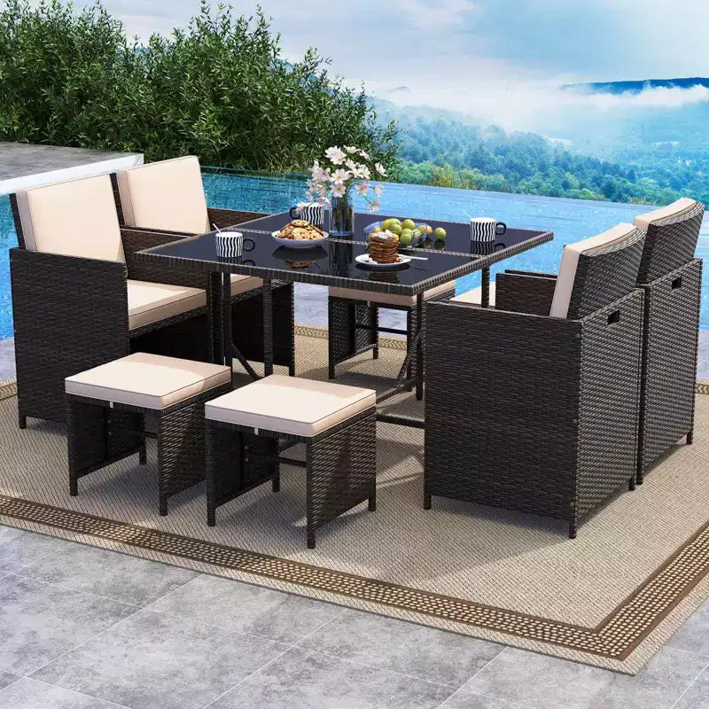 Costway 9 PCS Patio Dining Set with Tempered Glass Table & Ottoman Removable Cushions off-White/Beige