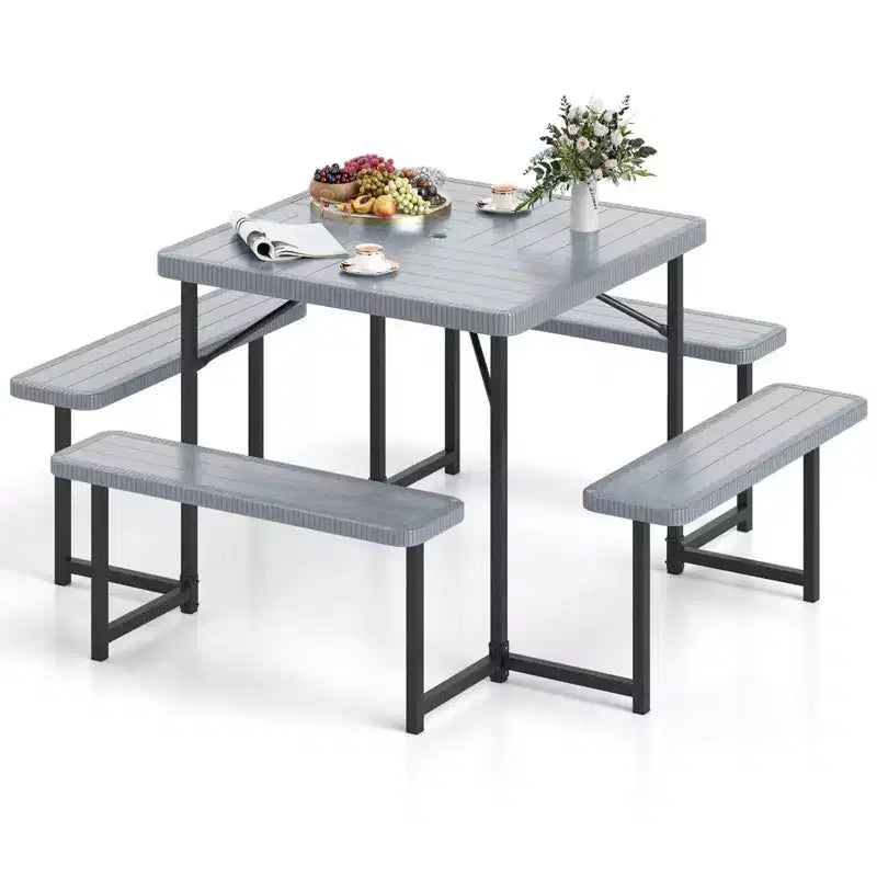 Tavolo da Picnic Costway con Panca per 4-8 Persone con Foro per Ombrellone, Piano in HDPE per Tutte le Stagioni Nero/Grigio/Verde/Bianco