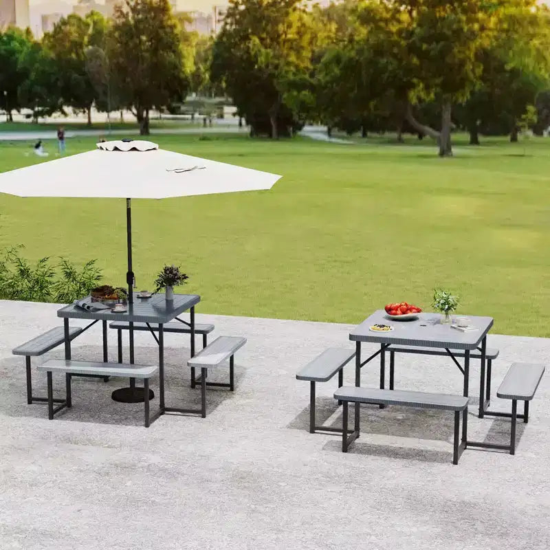 Tavolo da Picnic Costway con Panca per 4-8 Persone con Foro per Ombrellone, Piano in HDPE per Tutte le Stagioni Nero/Grigio/Verde/Bianco
