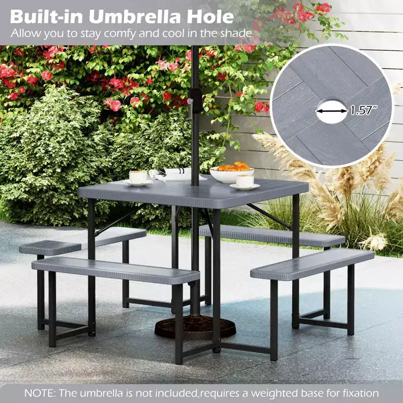 Tavolo da Picnic Costway con Panca per 4-8 Persone con Foro per Ombrellone, Piano in HDPE per Tutte le Stagioni Nero/Grigio/Verde/Bianco