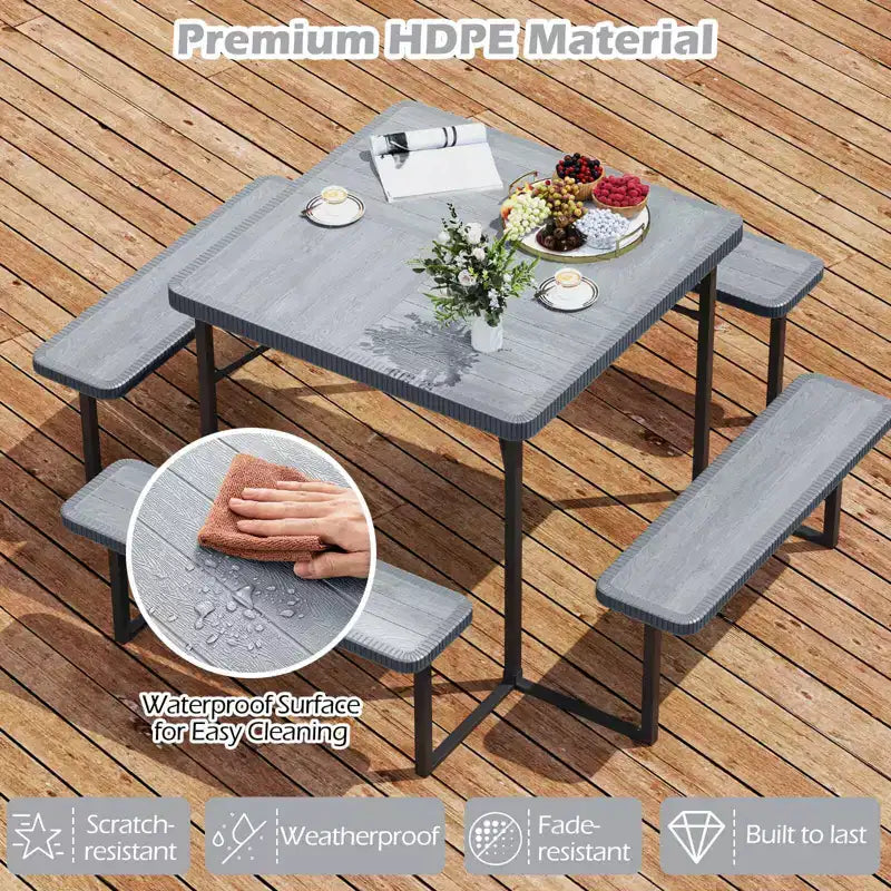 Tavolo da Picnic Costway con Panca per 4-8 Persone con Foro per Ombrellone, Piano in HDPE per Tutte le Stagioni Nero/Grigio/Verde/Bianco