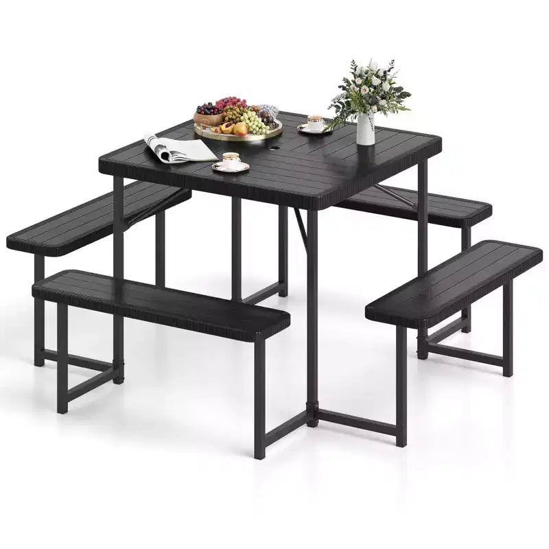 Tavolo da Picnic Costway con Panca per 4-8 Persone con Foro per Ombrellone, Piano in HDPE per Tutte le Stagioni Nero/Grigio/Verde/Bianco