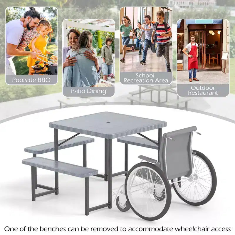 Tavolo da Picnic Costway con Panca per 4-8 Persone con Foro per Ombrellone, Piano in HDPE per Tutte le Stagioni Nero/Grigio/Verde/Bianco