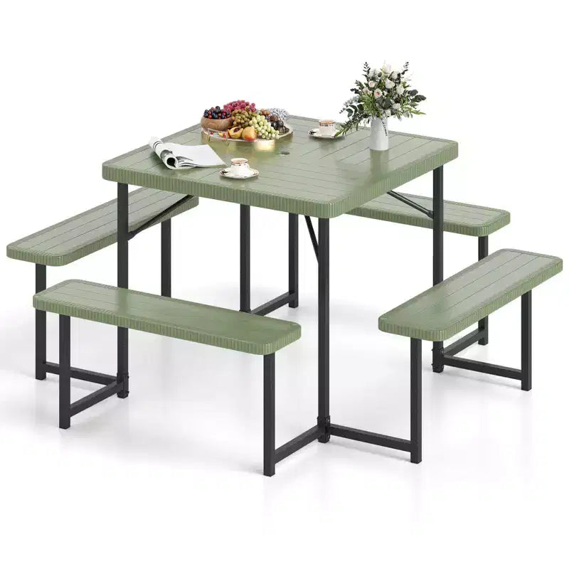 Tavolo da Picnic Costway con Panca per 4-8 Persone con Foro per Ombrellone, Piano in HDPE per Tutte le Stagioni Nero/Grigio/Verde/Bianco