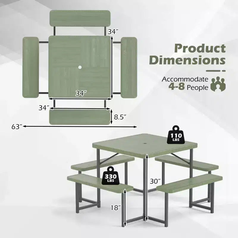 Tavolo da Picnic Costway con Panca per 4-8 Persone con Foro per Ombrellone, Piano in HDPE per Tutte le Stagioni Nero/Grigio/Verde/Bianco