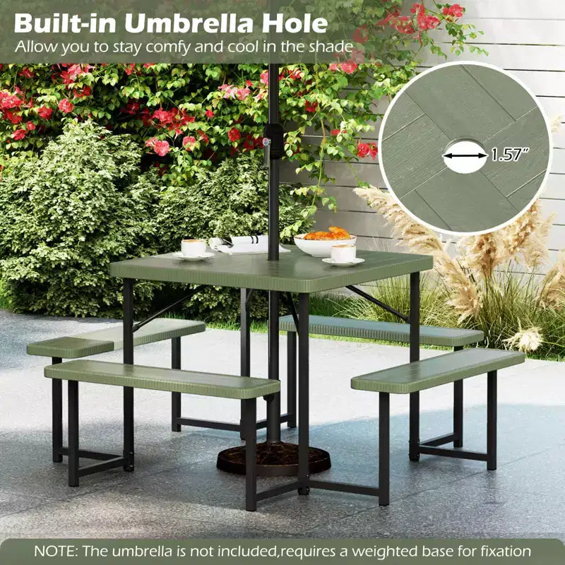 Tavolo da Picnic Costway con Panca per 4-8 Persone con Foro per Ombrellone, Piano in HDPE per Tutte le Stagioni Nero/Grigio/Verde/Bianco