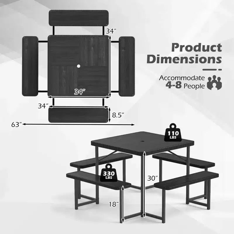 Tavolo da Picnic Costway con Panca per 4-8 Persone con Foro per Ombrellone, Piano in HDPE per Tutte le Stagioni Nero/Grigio/Verde/Bianco