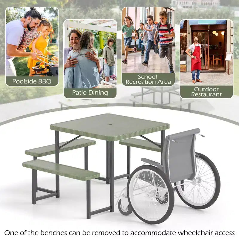 Tavolo da Picnic Costway con Panca per 4-8 Persone con Foro per Ombrellone, Piano in HDPE per Tutte le Stagioni Nero/Grigio/Verde/Bianco