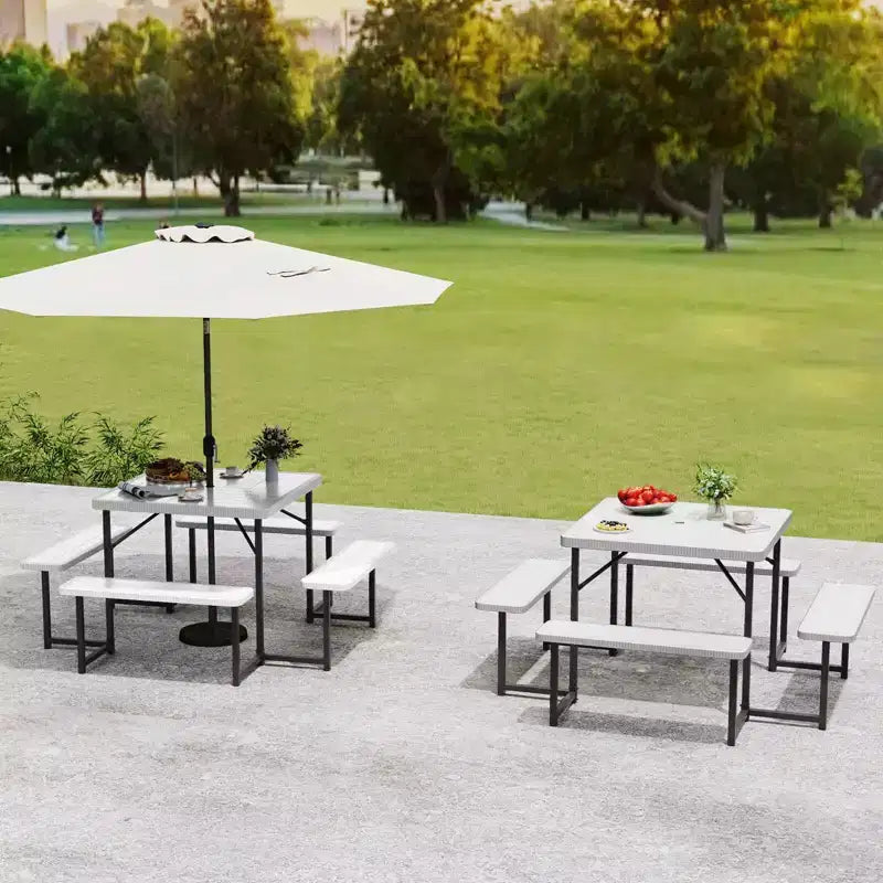 Tavolo da Picnic Costway con Panca per 4-8 Persone con Foro per Ombrellone, Piano in HDPE per Tutte le Stagioni Nero/Grigio/Verde/Bianco
