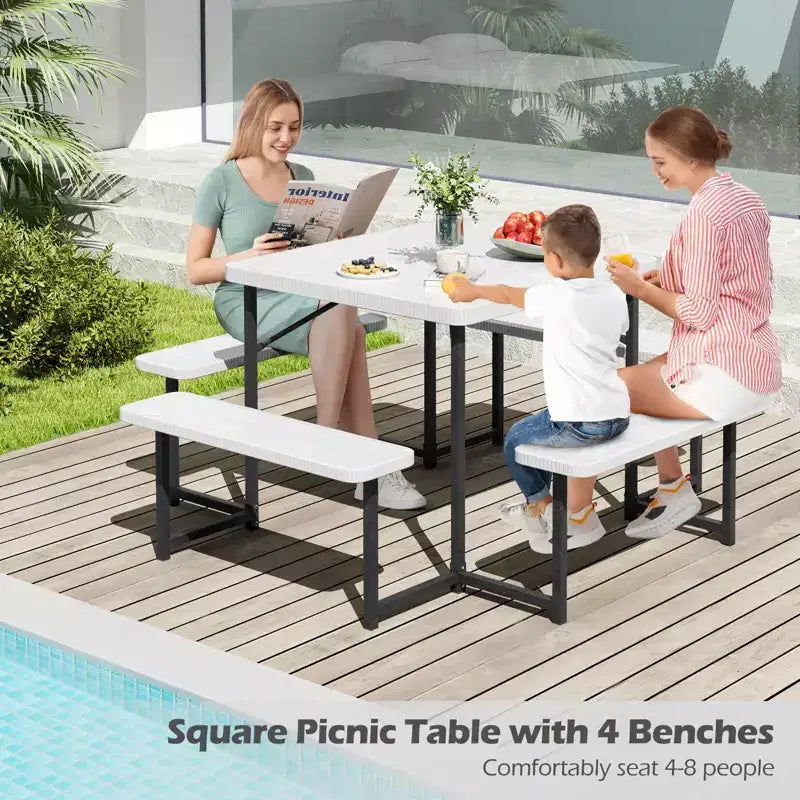 Tavolo da Picnic Costway con Panca per 4-8 Persone con Foro per Ombrellone, Piano in HDPE per Tutte le Stagioni Nero/Grigio/Verde/Bianco