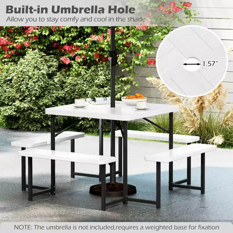 Tavolo da Picnic Costway con Panca per 4-8 Persone con Foro per Ombrellone, Piano in HDPE per Tutte le Stagioni Nero/Grigio/Verde/Bianco