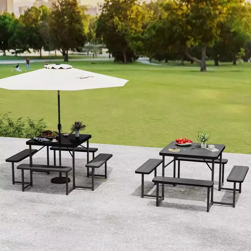 Tavolo da Picnic Costway con Panca per 4-8 Persone con Foro per Ombrellone, Piano in HDPE per Tutte le Stagioni Nero/Grigio/Verde/Bianco