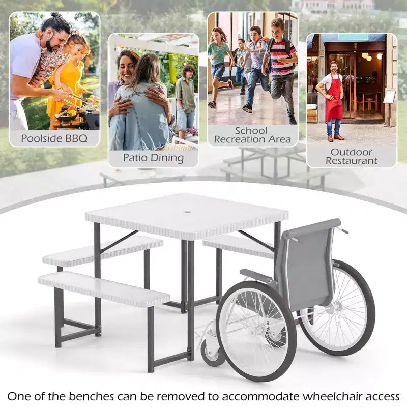 Tavolo da Picnic Costway con Panca per 4-8 Persone con Foro per Ombrellone, Piano in HDPE per Tutte le Stagioni Nero/Grigio/Verde/Bianco