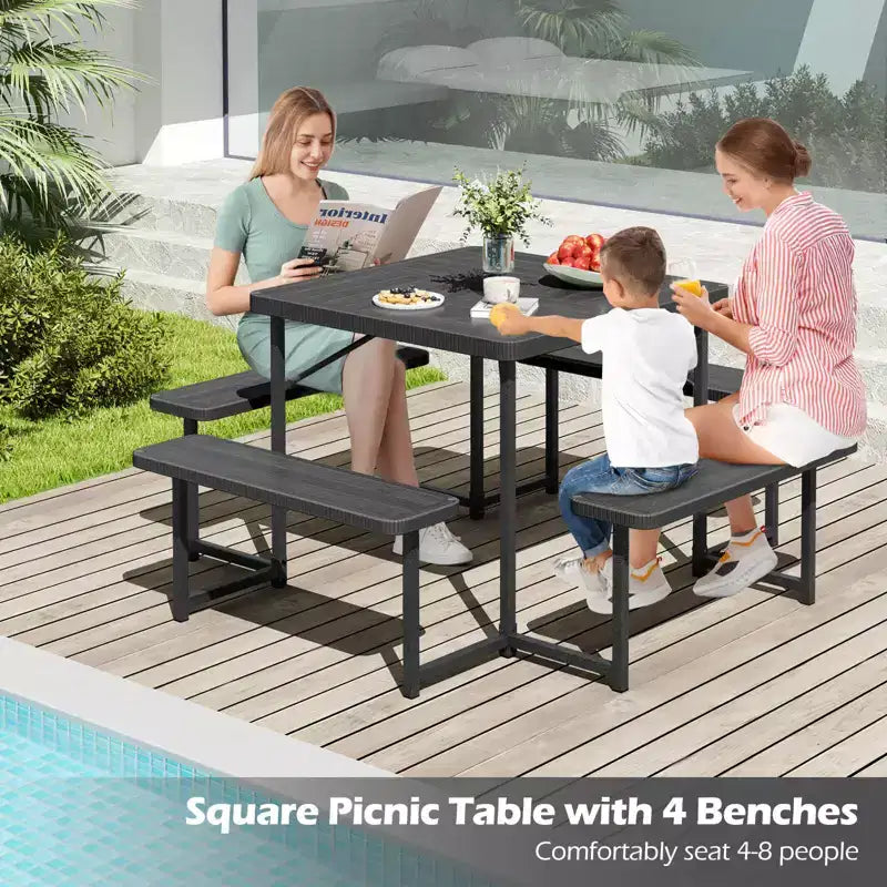 Tavolo da Picnic Costway con Panca per 4-8 Persone con Foro per Ombrellone, Piano in HDPE per Tutte le Stagioni Nero/Grigio/Verde/Bianco
