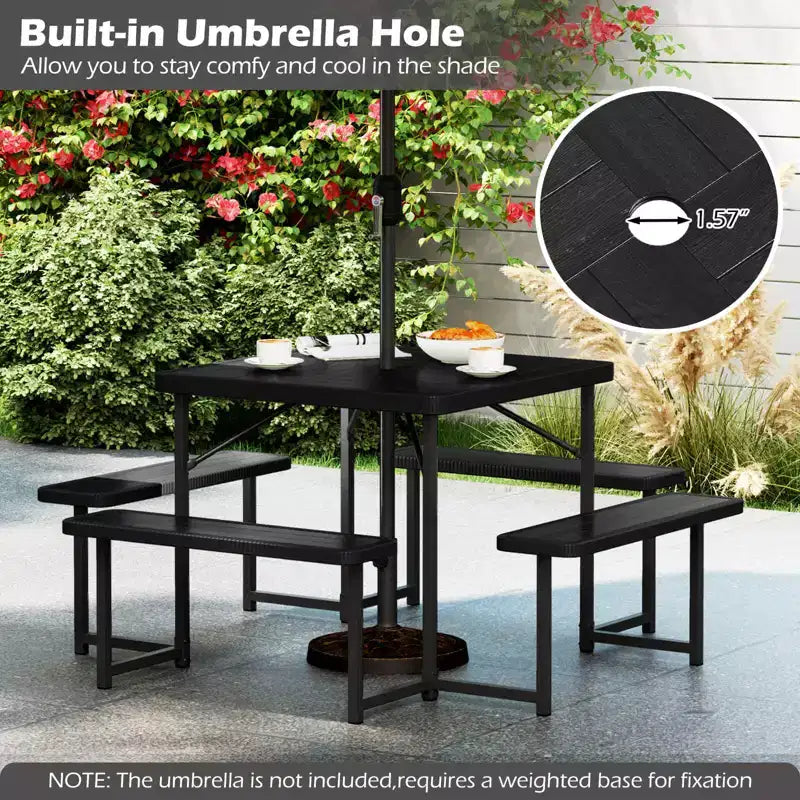 Tavolo da Picnic Costway con Panca per 4-8 Persone con Foro per Ombrellone, Piano in HDPE per Tutte le Stagioni Nero/Grigio/Verde/Bianco