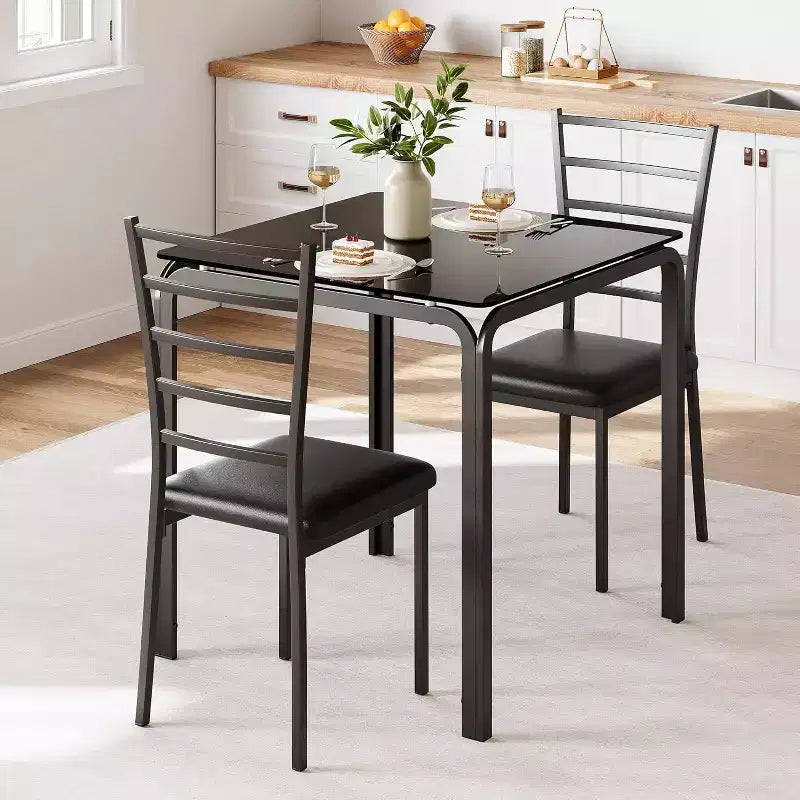 Compact three-piece double dining table and chair set, space-saving dining table with upholstered chairs for small spaces, breakfast nooks