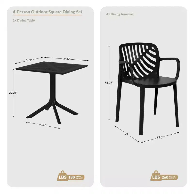 WestinTrends Playa, set da pranzo da esterni di 5 pezzi con tavolo quadrato in resina e moderne sedie impilabili