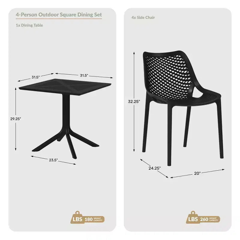 Set da pranzo da esterno moderno quadrato WestinTrends Playa 5 pezzi con sedie da esterno impilabili