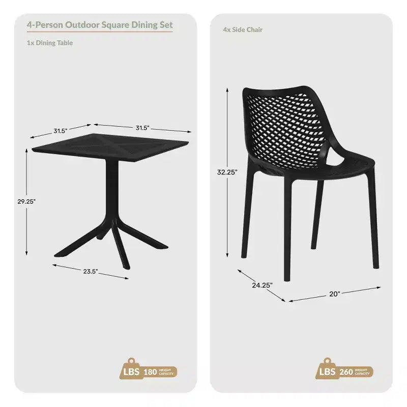 Set da pranzo da esterno moderno quadrato WestinTrends Playa 5 pezzi con sedie da esterno impilabili