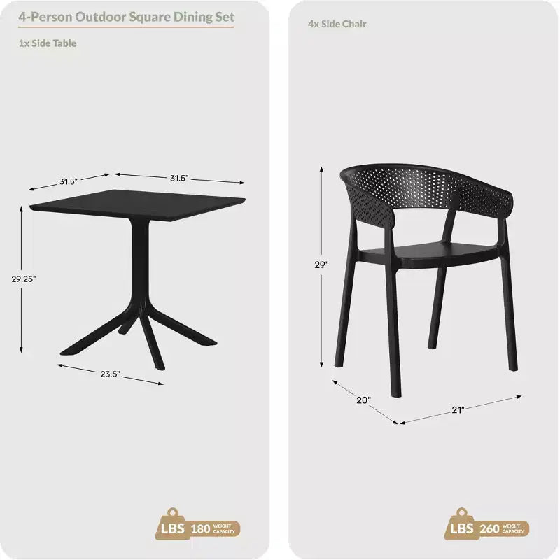 WestinTrends Playa, Set da Pranzo da Esterno in Resina a 5 Pezzi con Tavolo Quadrato e Sedie da Giardino Impilabili