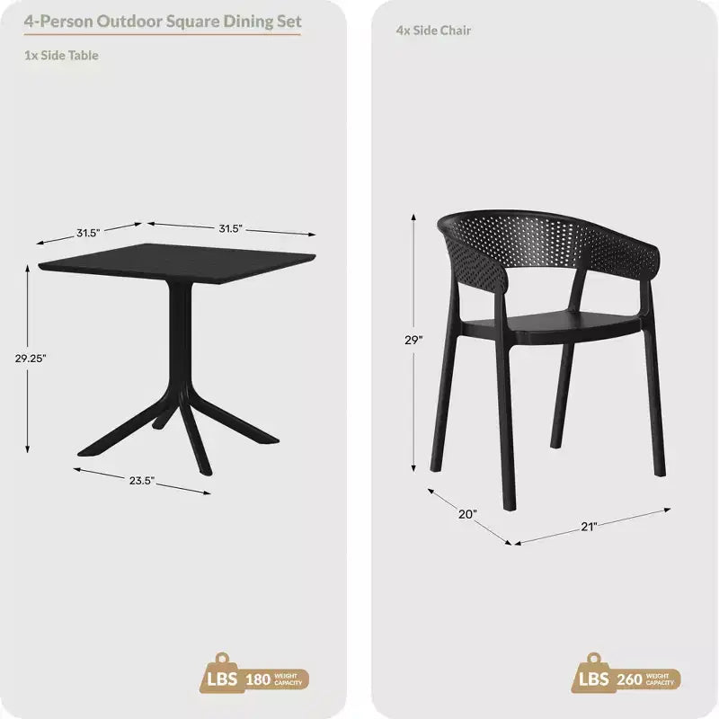 WestinTrends Playa, Set da Pranzo da Esterno in Resina a 5 Pezzi con Tavolo Quadrato e Sedie da Giardino Impilabili