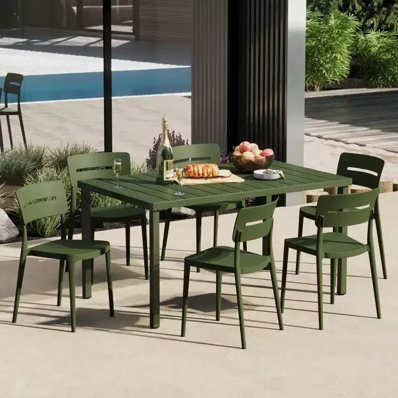Set da pranzo WestinTrends Playa da 7 pezzi per esterni, tavolo rettangolare in metallo e sedie impilabili per patio