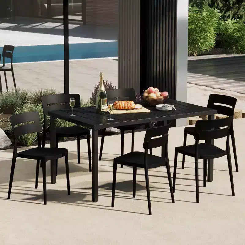 Set da pranzo WestinTrends Playa da 7 pezzi per esterni, tavolo rettangolare in metallo e sedie impilabili per patio
