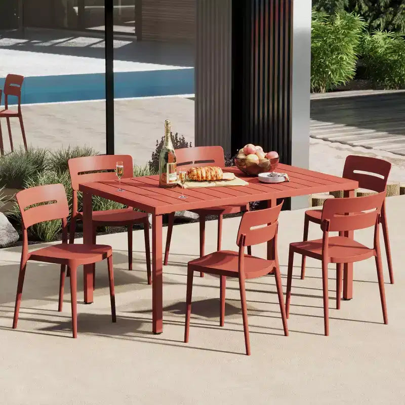 Set da pranzo WestinTrends Playa da 7 pezzi per esterni, tavolo rettangolare in metallo e sedie impilabili per patio