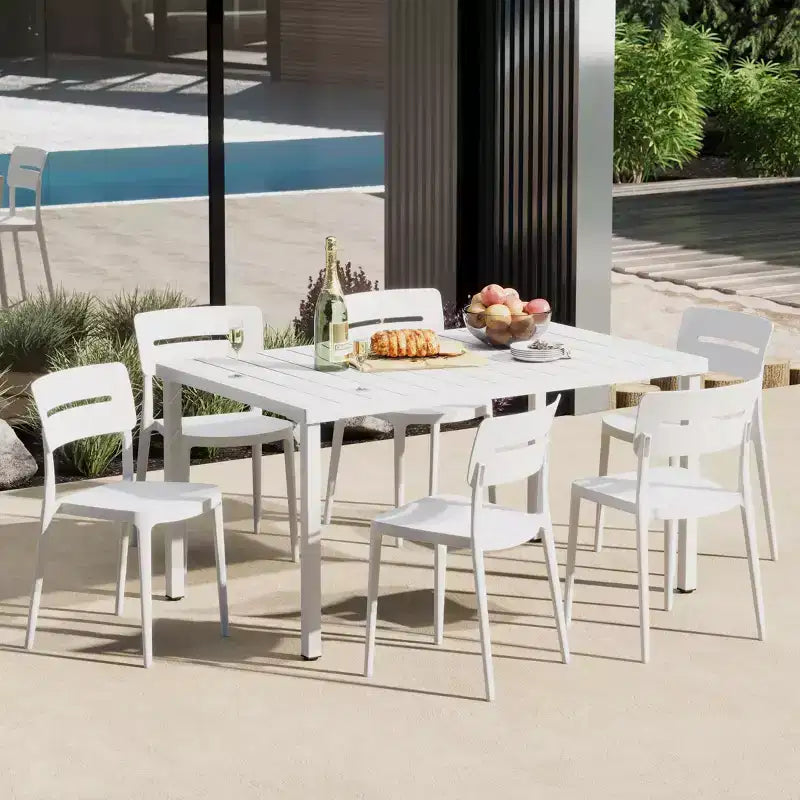 Set da pranzo WestinTrends Playa da 7 pezzi per esterni, tavolo rettangolare in metallo e sedie impilabili per patio