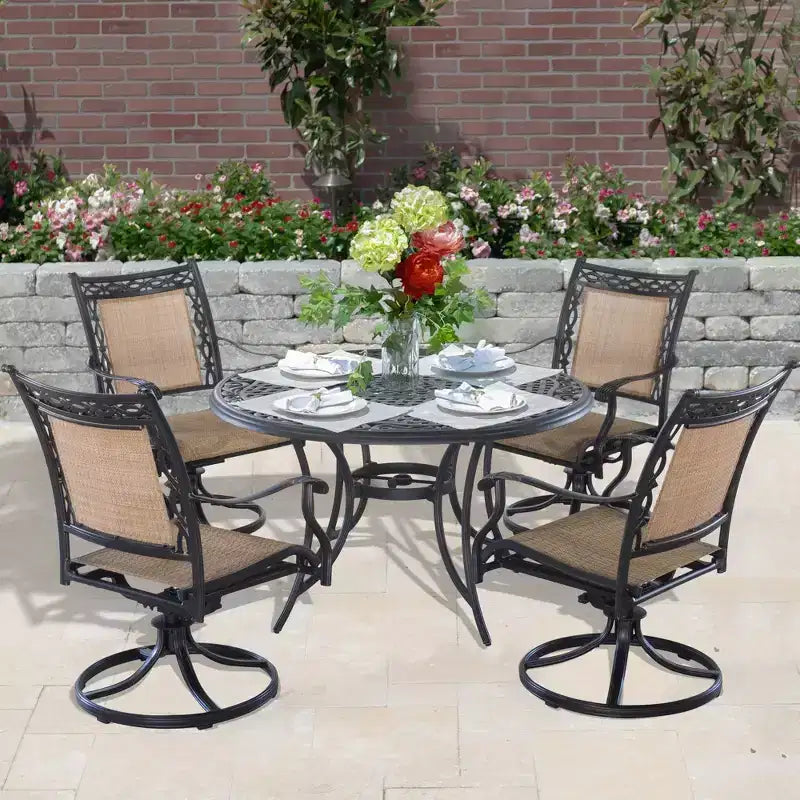 CLIHOME Set da pranzo da esterno in alluminio da 5 pezzi con 4 sedie girevoli a 360° e 1 tavolo da pranzo rotondo da 48 pollici in tessuto con foro per ombrellone