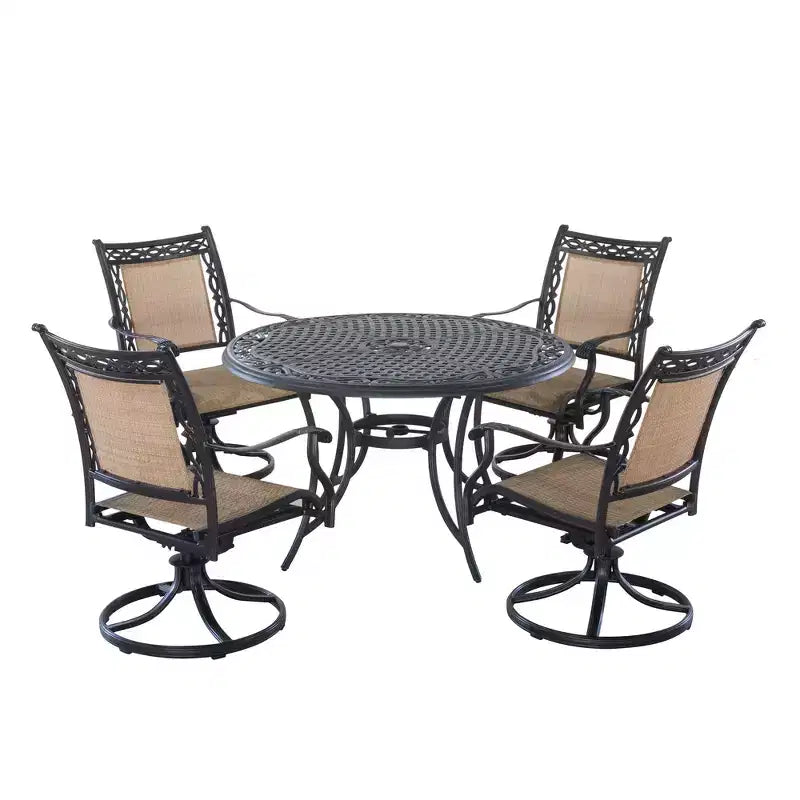 CLIHOME Set da pranzo da esterno in alluminio da 5 pezzi con 4 sedie girevoli a 360° e 1 tavolo da pranzo rotondo da 48 pollici in tessuto con foro per ombrellone