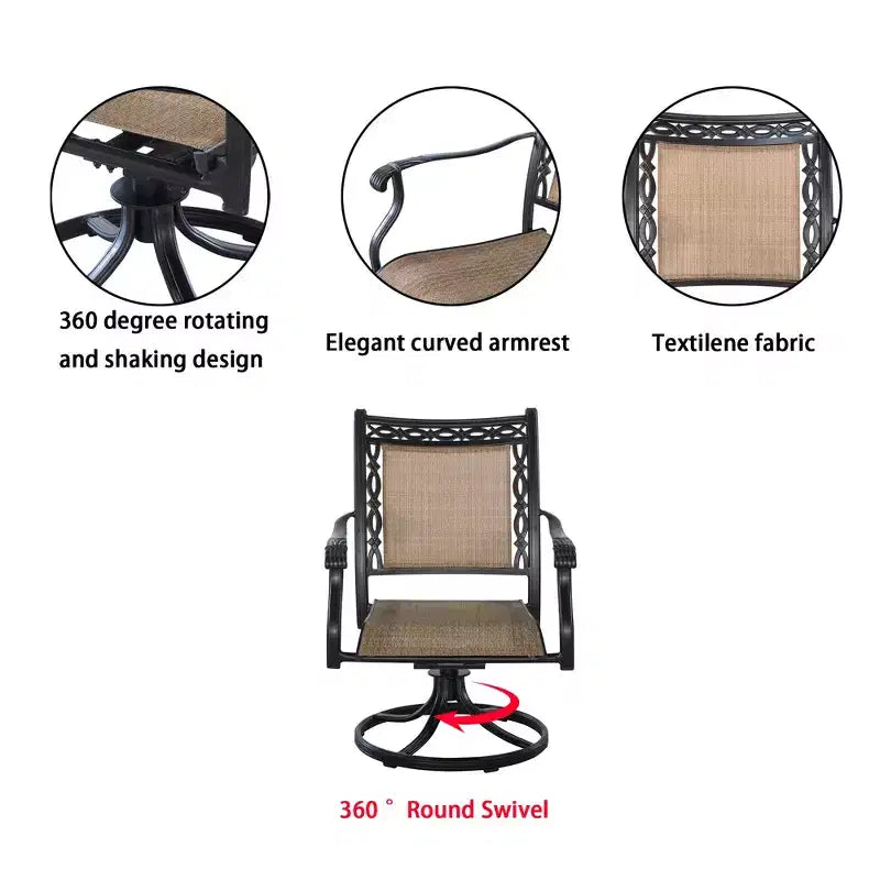 CLIHOME Set da pranzo da esterno in alluminio da 5 pezzi con 4 sedie girevoli a 360° e 1 tavolo da pranzo rotondo da 48 pollici in tessuto con foro per ombrellone