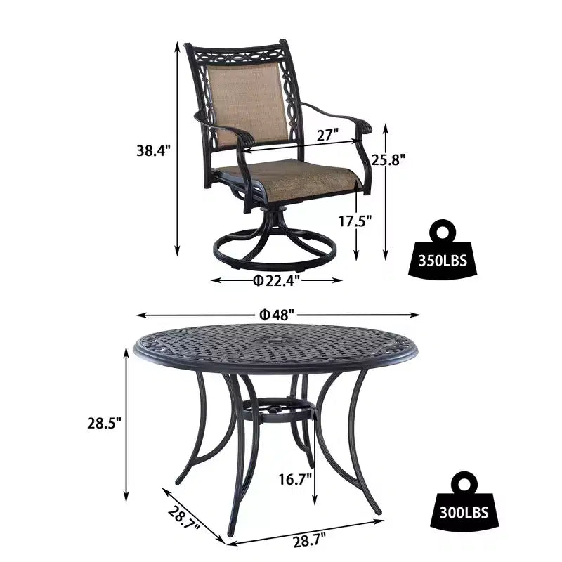 CLIHOME Set da pranzo da esterno in alluminio da 5 pezzi con 4 sedie girevoli a 360° e 1 tavolo da pranzo rotondo da 48 pollici in tessuto con foro per ombrellone