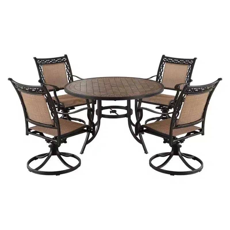 CLIHOME Set da pranzo da esterno in alluminio da 5 pezzi con 4 sedie girevoli a 360° e 1 tavolo rotondo in ceramica da 48 pollici con foro per ombrellone