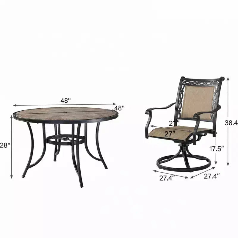 CLIHOME Set da pranzo da esterno in alluminio da 5 pezzi con 4 sedie girevoli a 360° e 1 tavolo rotondo in ceramica da 48 pollici con foro per ombrellone