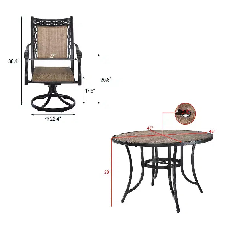 CLIHOME Set da pranzo da esterno in alluminio da 5 pezzi con 4 sedie girevoli a 360° e 1 tavolo rotondo in ceramica da 48 pollici con foro per ombrellone