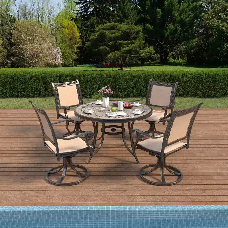 CLIHOME Set da pranzo da esterno in alluminio da 5 pezzi con 4 sedie girevoli a 360° e 1 tavolo rotondo da 48" con piastrelle in ceramica e foro per ombrellone