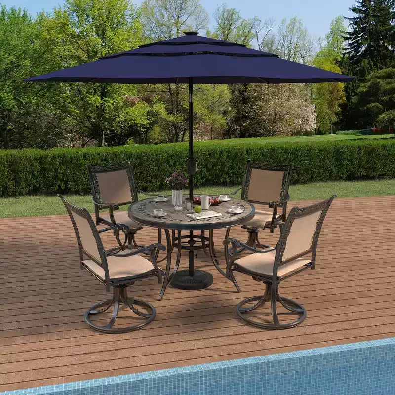 CLIHOME Set da pranzo da esterno in alluminio da 5 pezzi con 4 sedie girevoli a 360° e 1 tavolo rotondo da 48" con piastrelle in ceramica e foro per ombrellone