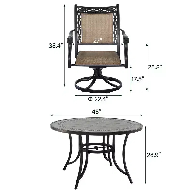CLIHOME Set da pranzo da esterno in alluminio da 5 pezzi con 4 sedie girevoli a 360° e 1 tavolo rotondo da 48" con piastrelle in ceramica e foro per ombrellone